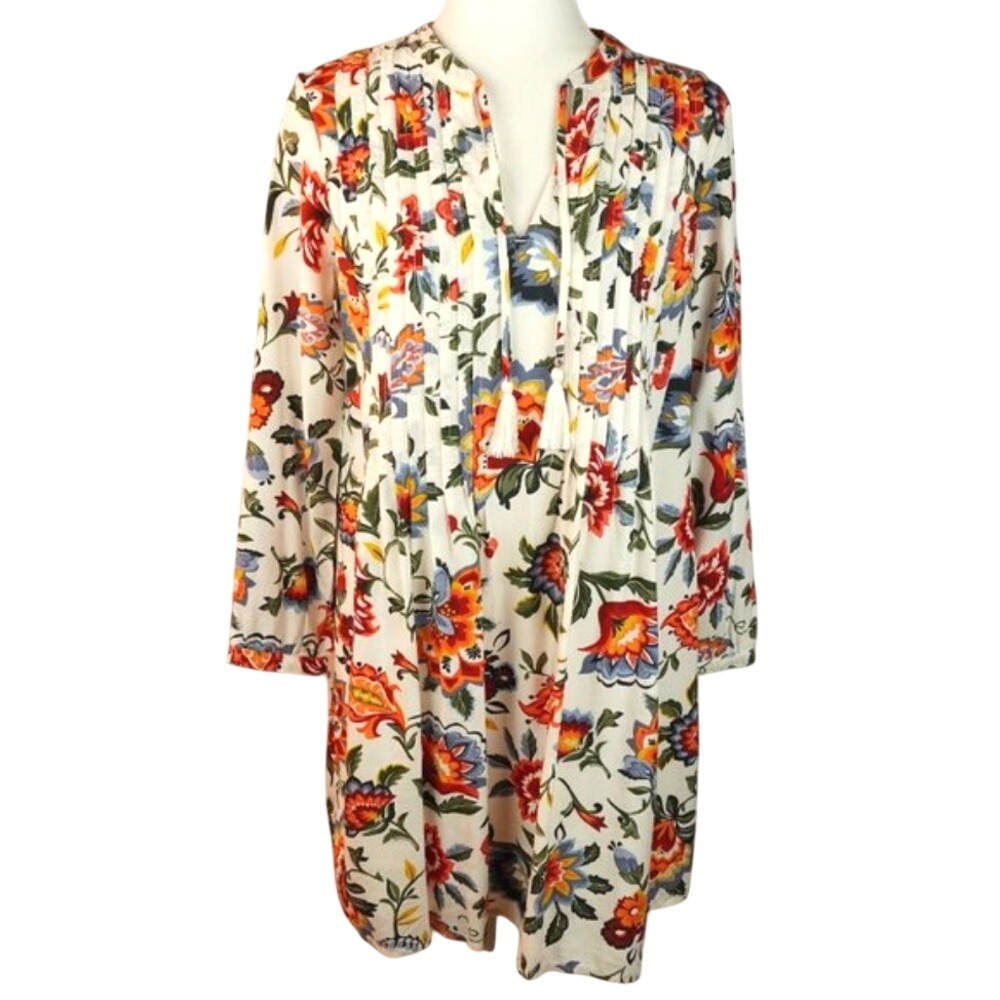 Old Navy LS Printed Pin White‎ Floral Boho Dress Size Small